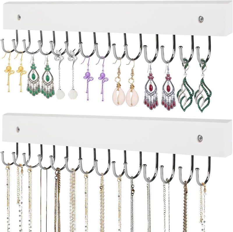 AnDock Necklace Holder Wall Mounted Jewelry Organizer - 2 Pack Wooden with 28 Hooks, Hanging Earring & Ring Bracelet Storage, Decorative Space-Saving Jewelry Display (White) - Image 1